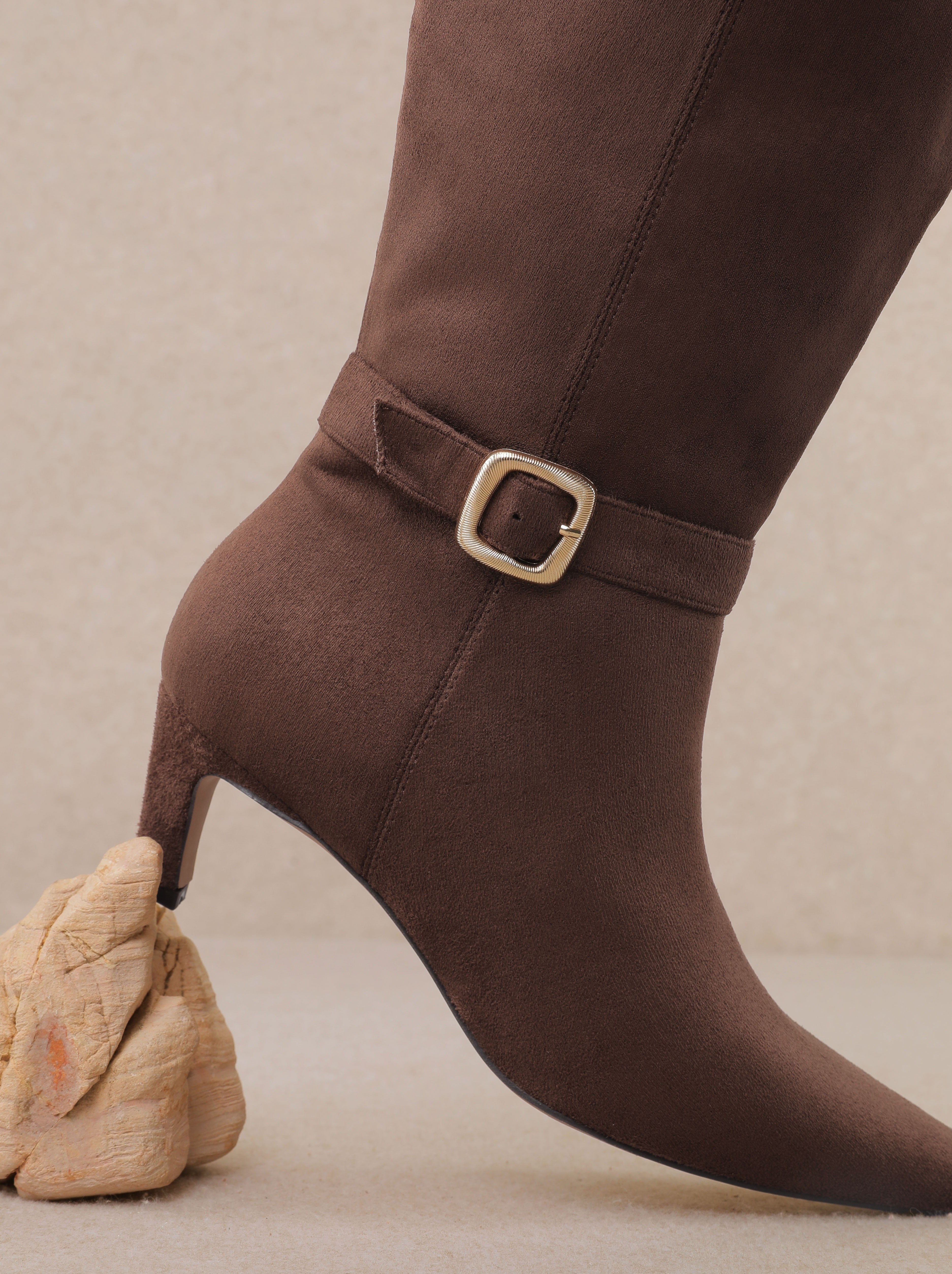 CHOCOLATE FAUX SUEDE KITTEN HEEL DIVA BOOT