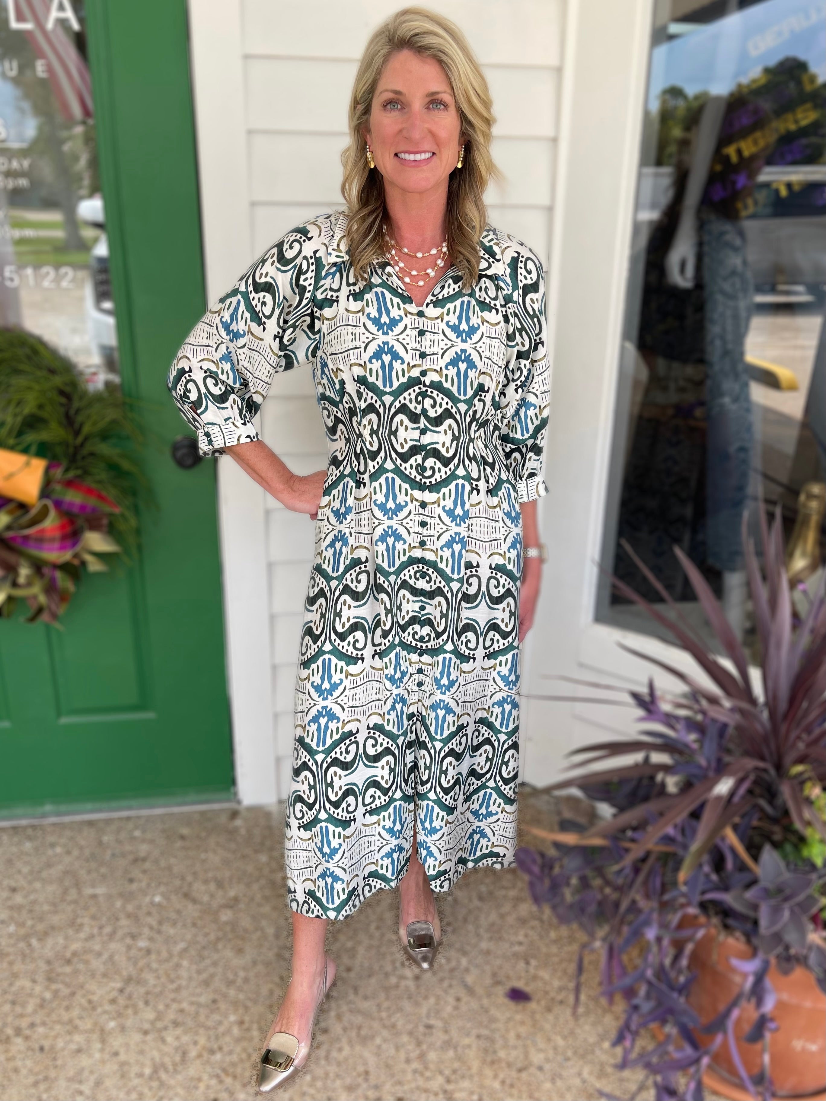 TEAL MIX PRINTED PLEATED WAIST WITH LONG BALLOON SLEEVE SHIRT DRESS