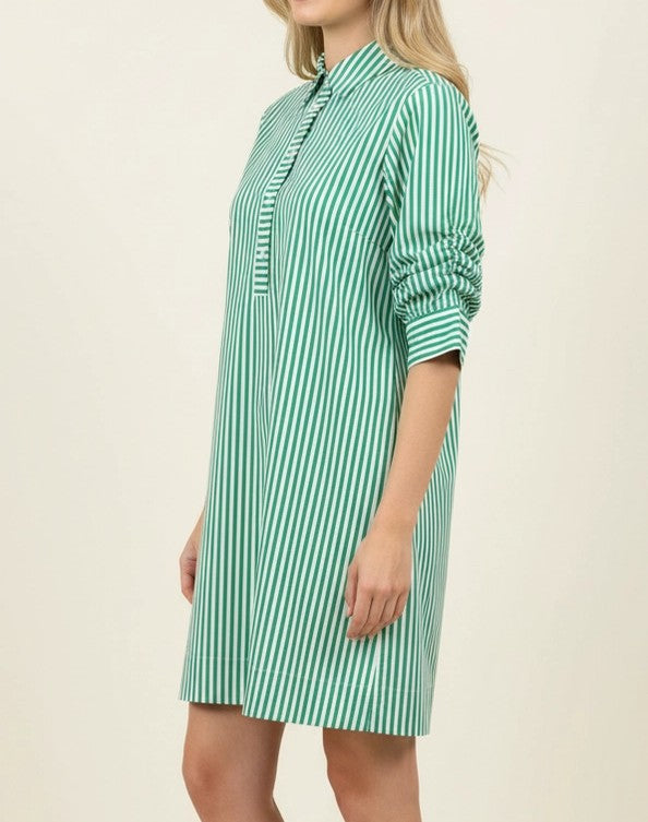 GREEN/WHITE STRIPE COLLARED BUTTON UP GATHERED SLEEVE MINI DRESS