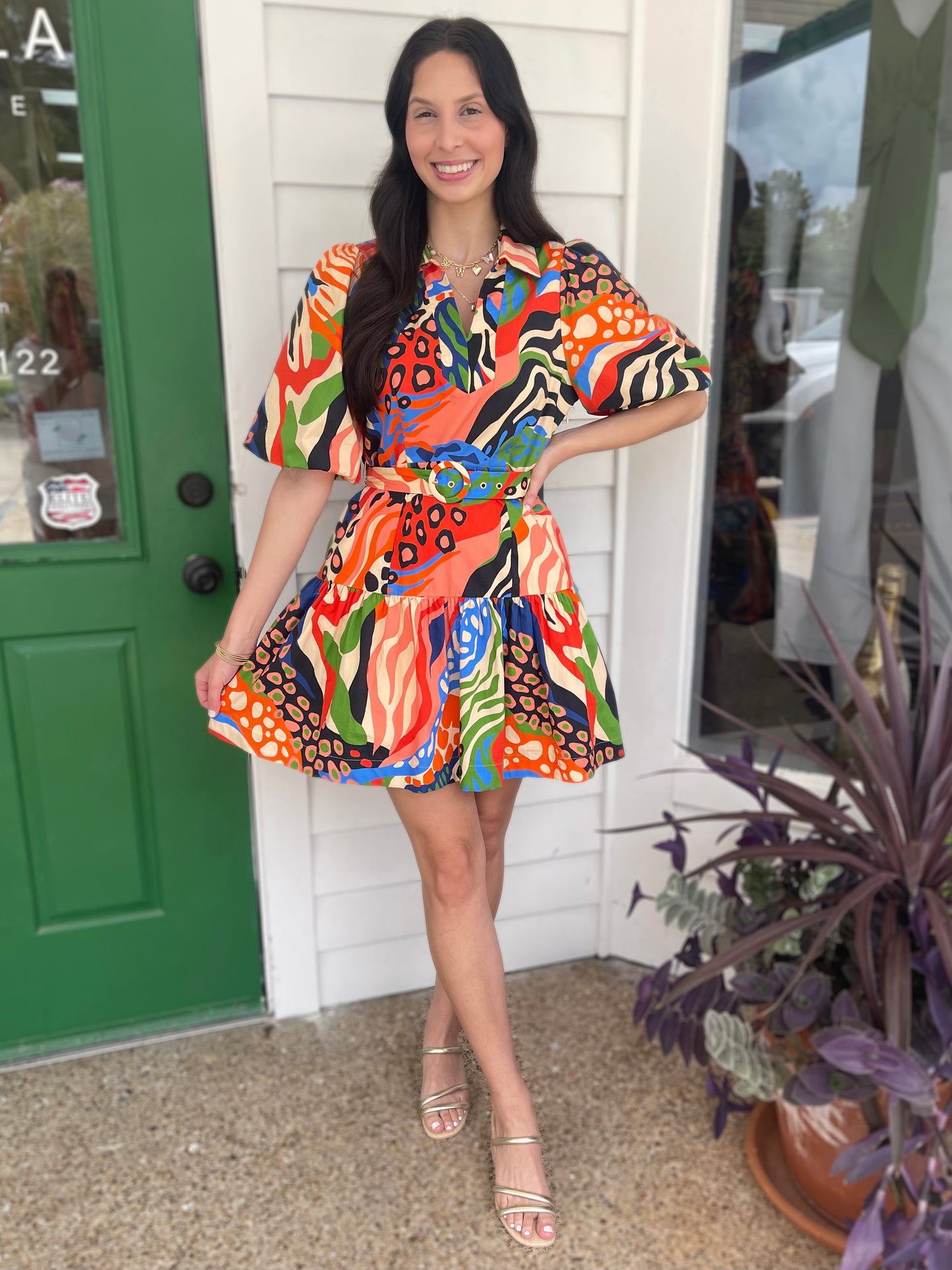 RED MULTI PRINTED BUBBLE SLEEVE AZULA MINI DRESS