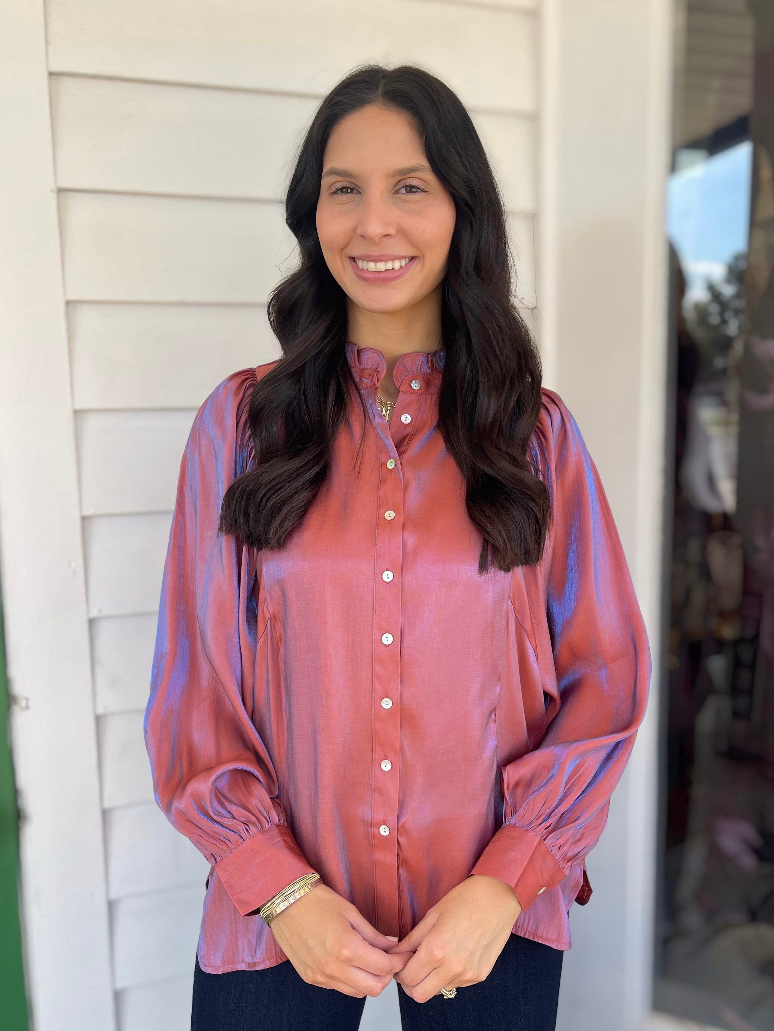 REFLECTIVE RUST BUTTON UP LONG BATWING SLEEVE TOP