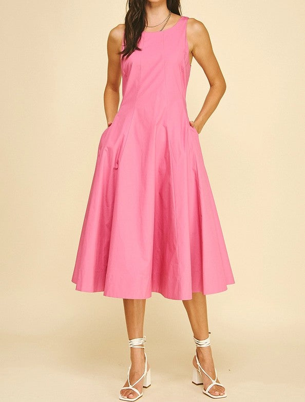 DUSTY PINK FITTED BODICE FLARED SLEEVELESS MIDI DRESS