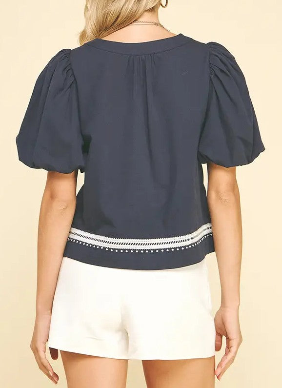 NAVY EMBROIDERY DETAIL PUFF SLEEVE TOP