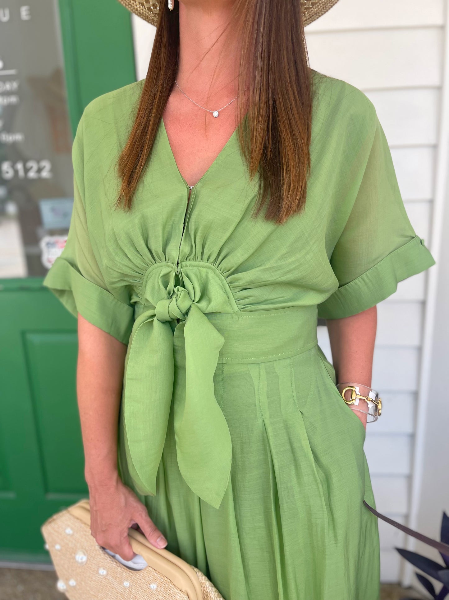 GREEN TIE FRONT CLARISA BLOUSE