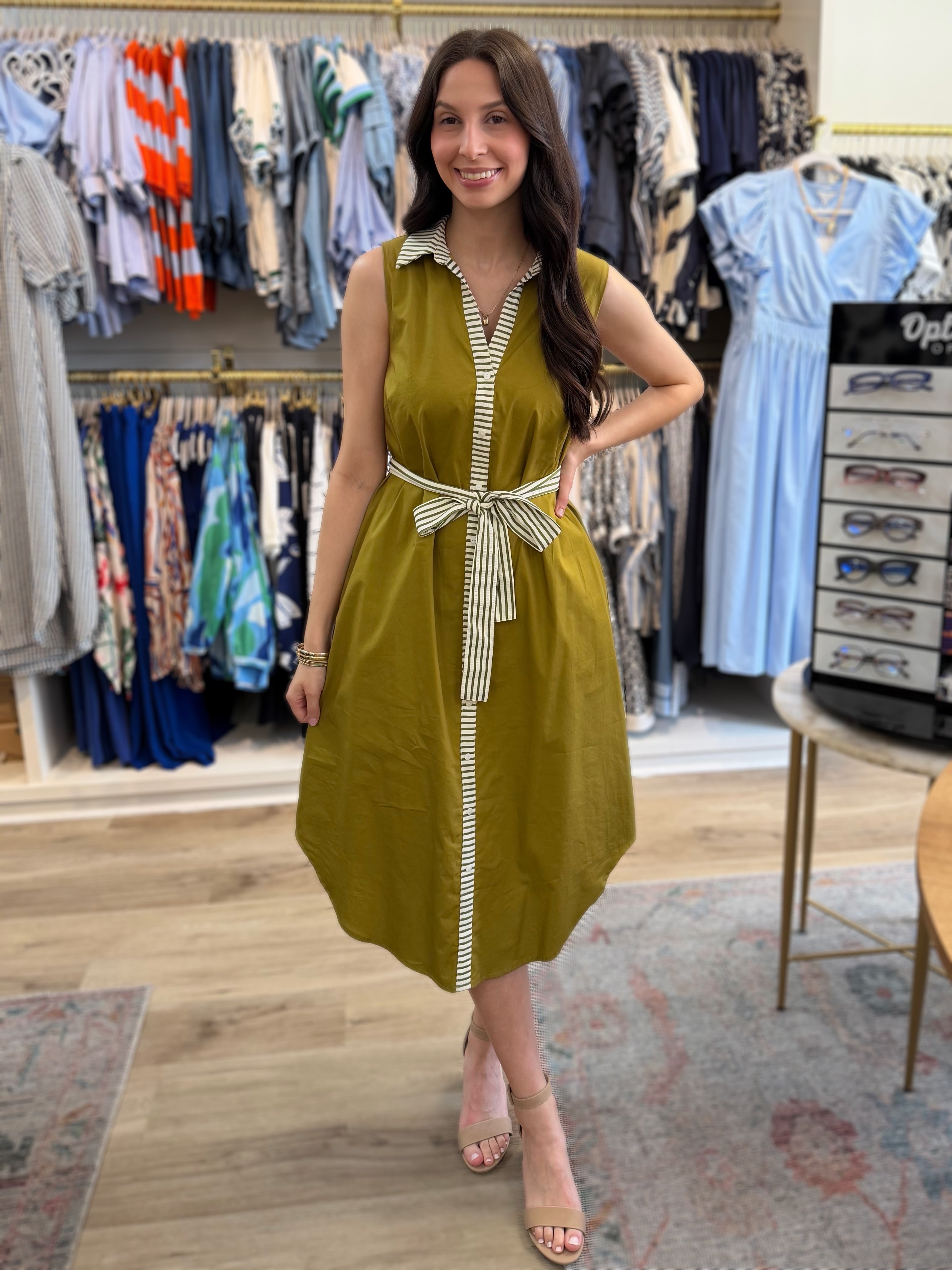 OLIVE STRIPED BANDING BUTTON-DOWN SLEEVELESS MIDI DRESS