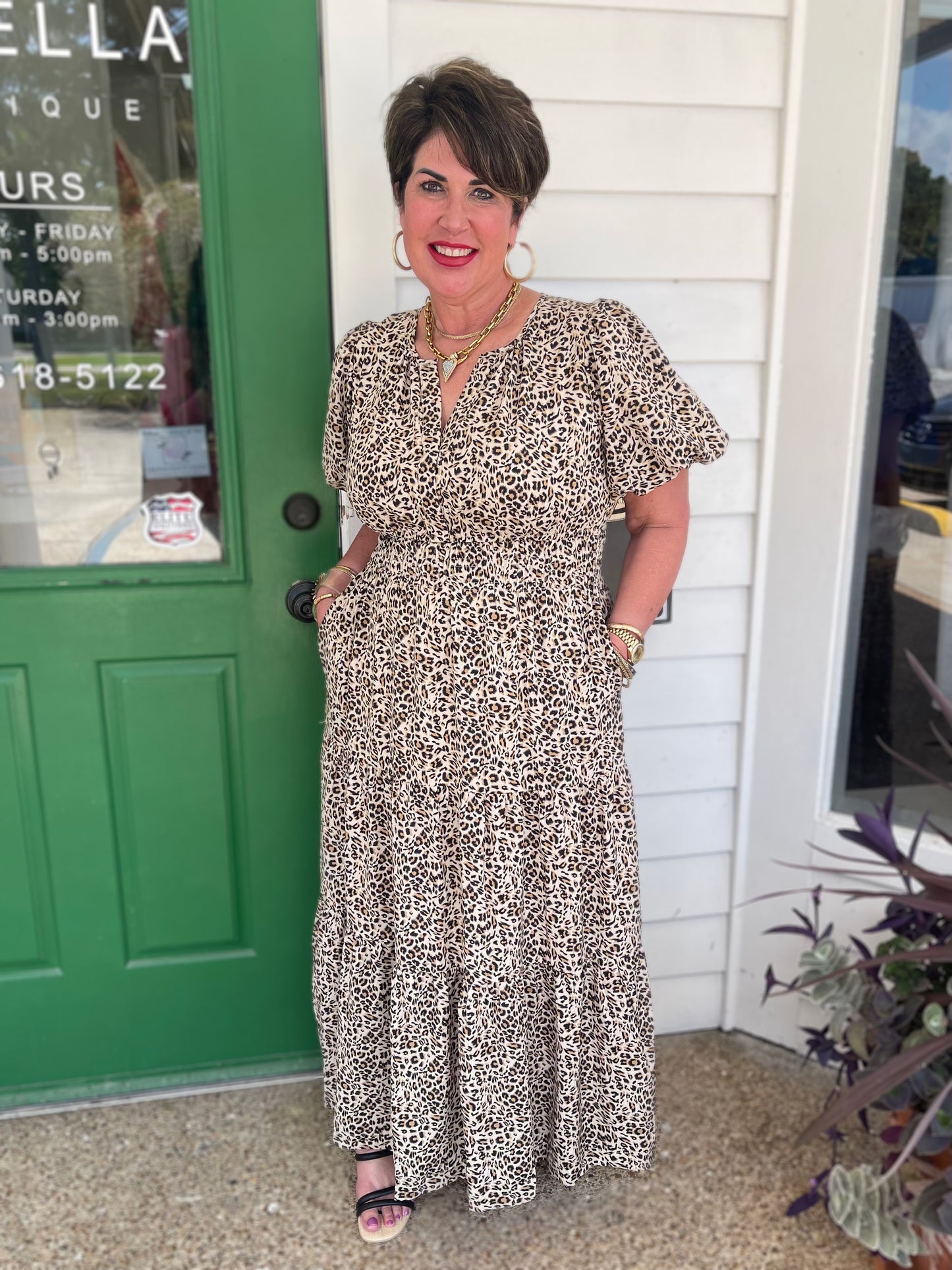 LEOPARD PRINT SMOCK WAIST TIERED MIDI DRESS