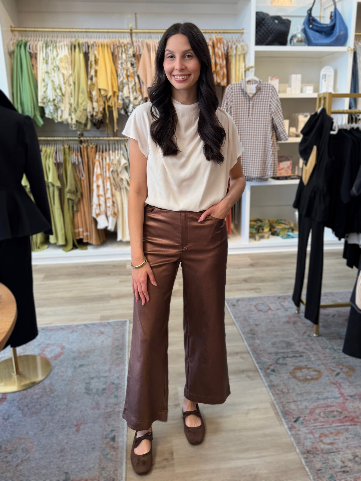 METALLIC BROWN WIDE LEG PANTS