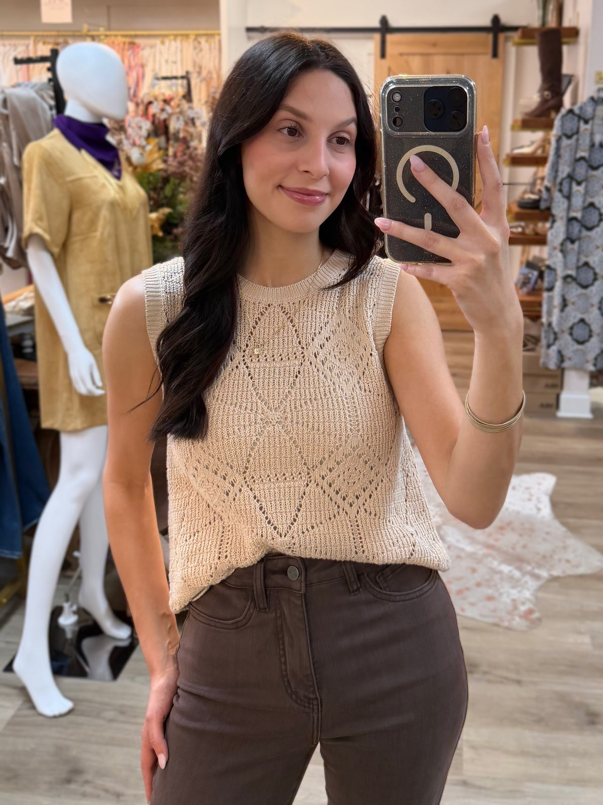 NATURAL CROCHET KNIT WAVE HEM SLEEVELESS SWEATER TANK TOP