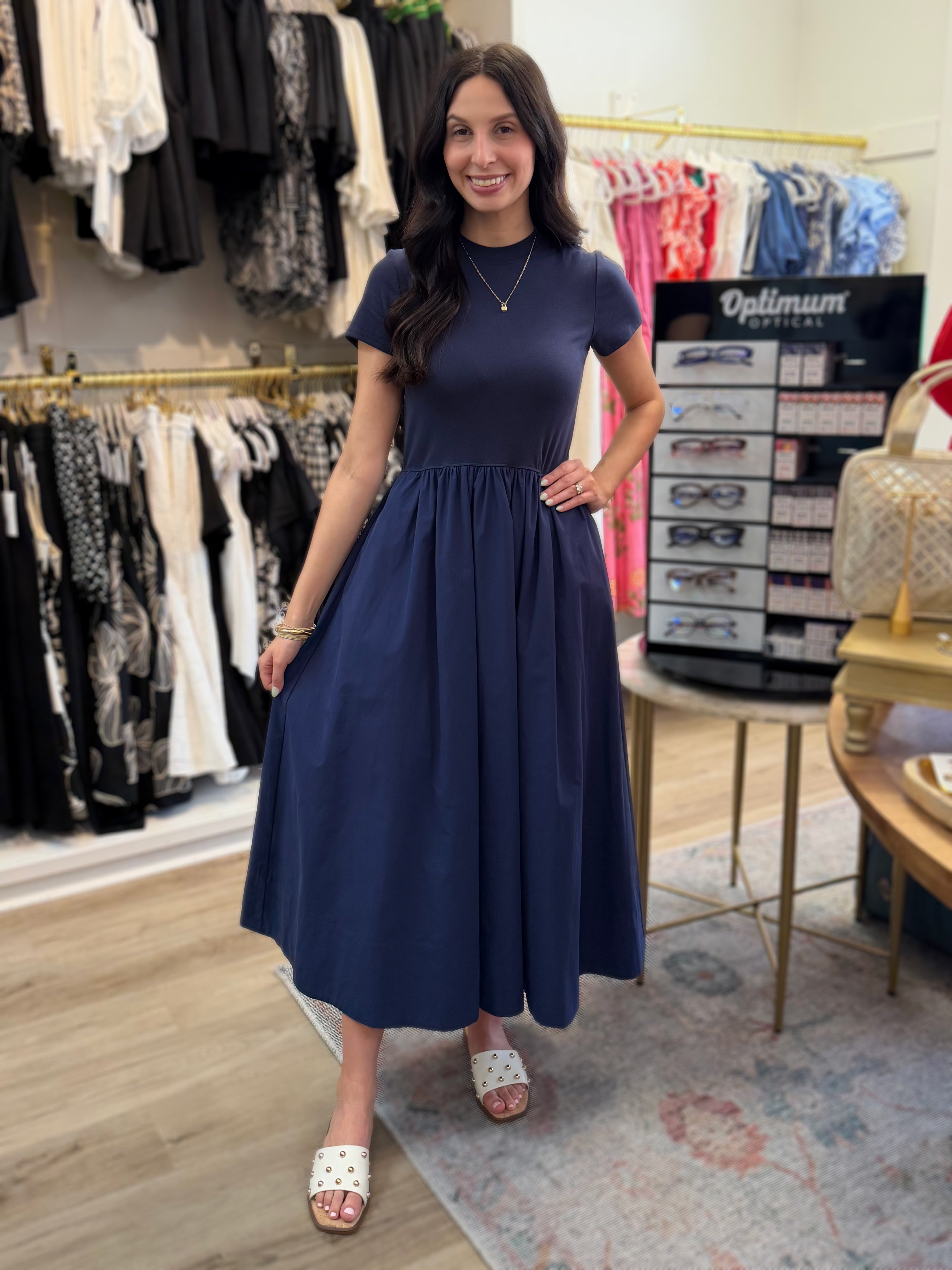 NAVY COTTON SHORT SLEEVE MIXED MEDIA ARIA MIDI DRESS