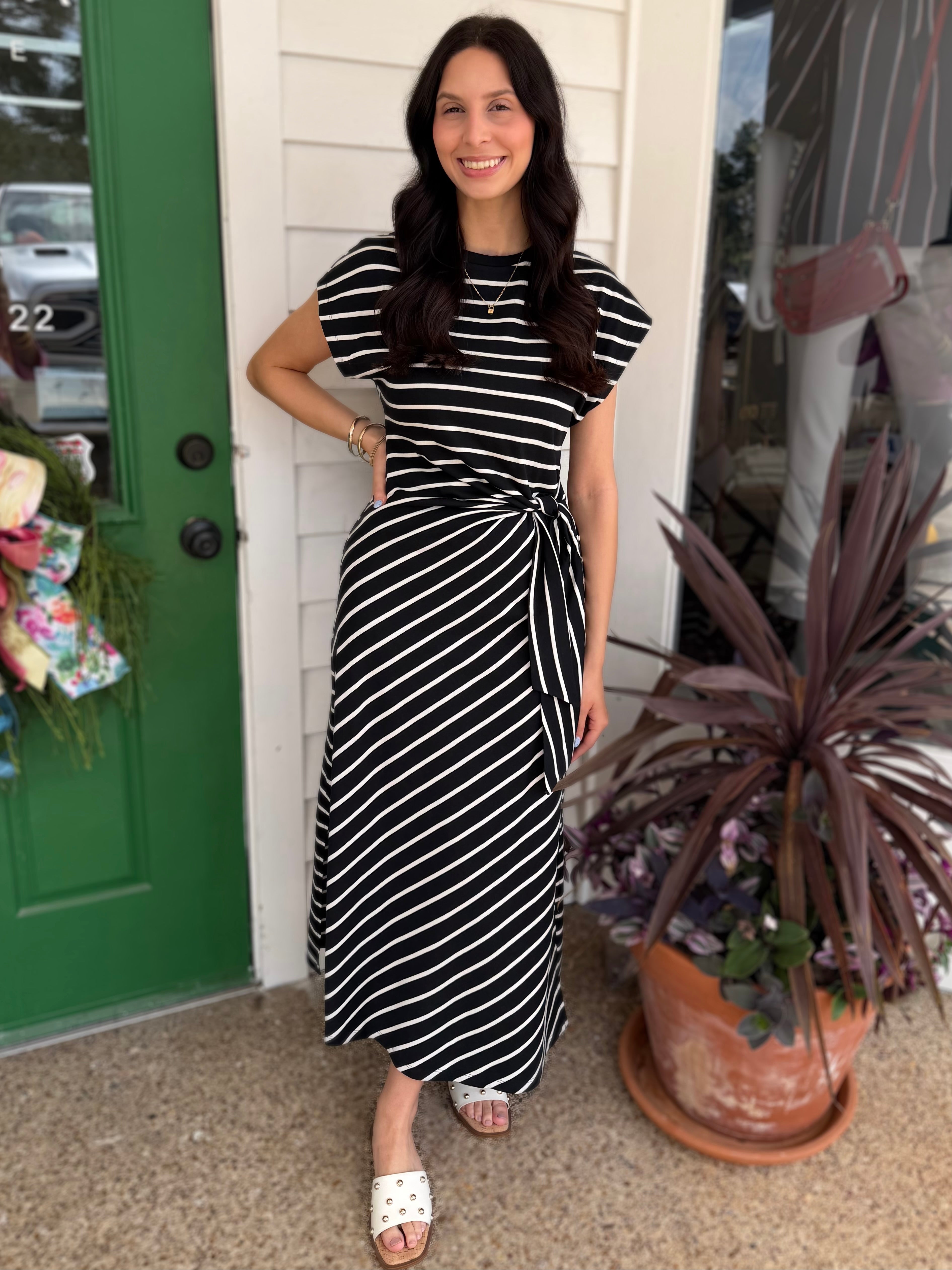BLACK AND WHITE STRIPE WAIST TIE COTTON MAXI DRESS