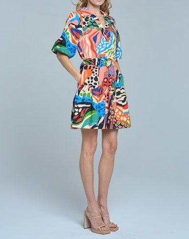 RED MULTI PRINTED BUBBLE SLEEVE AZULA MINI DRESS