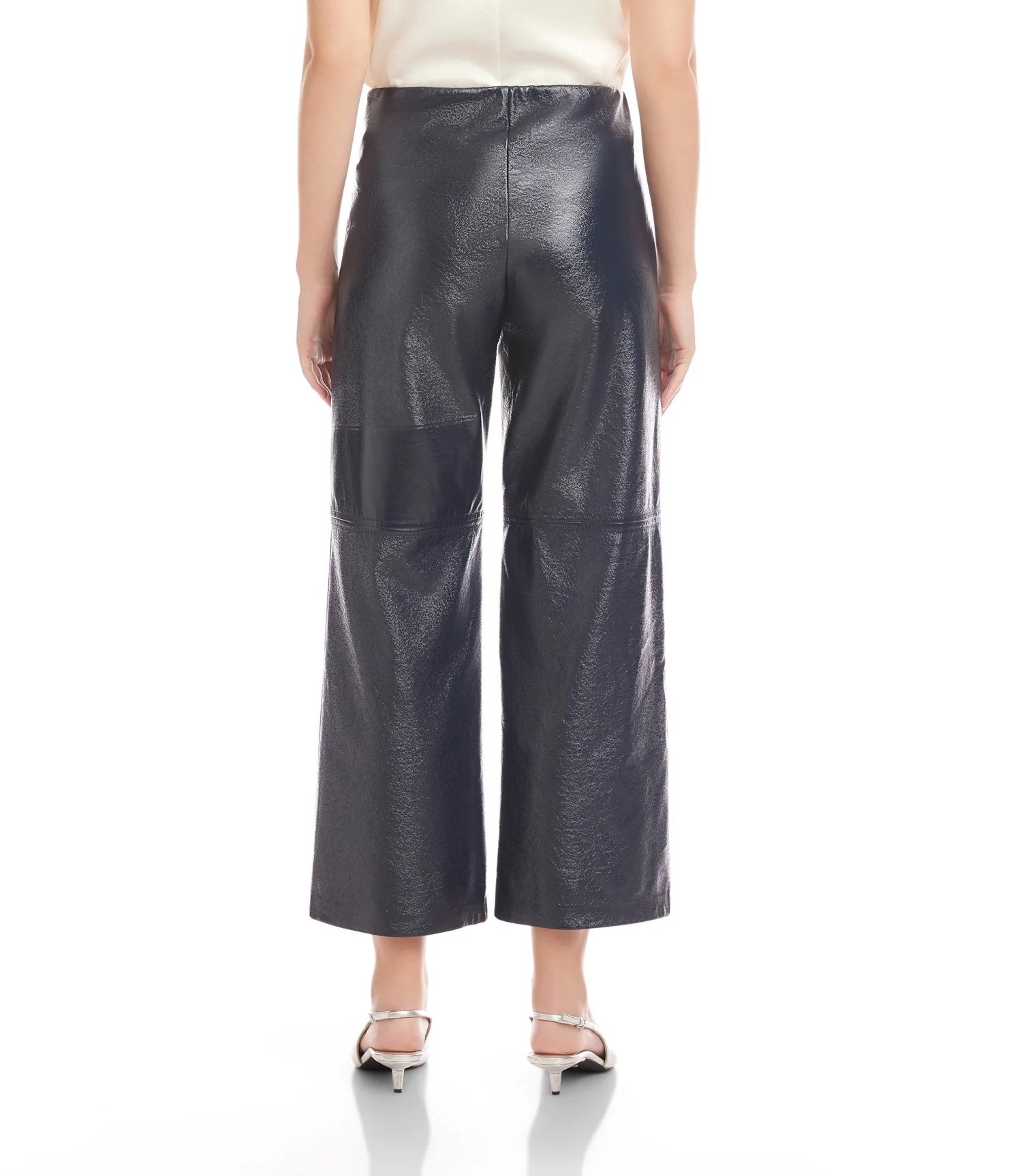 NAVY FAUX PATENT LEATHER CROPPED PANTS