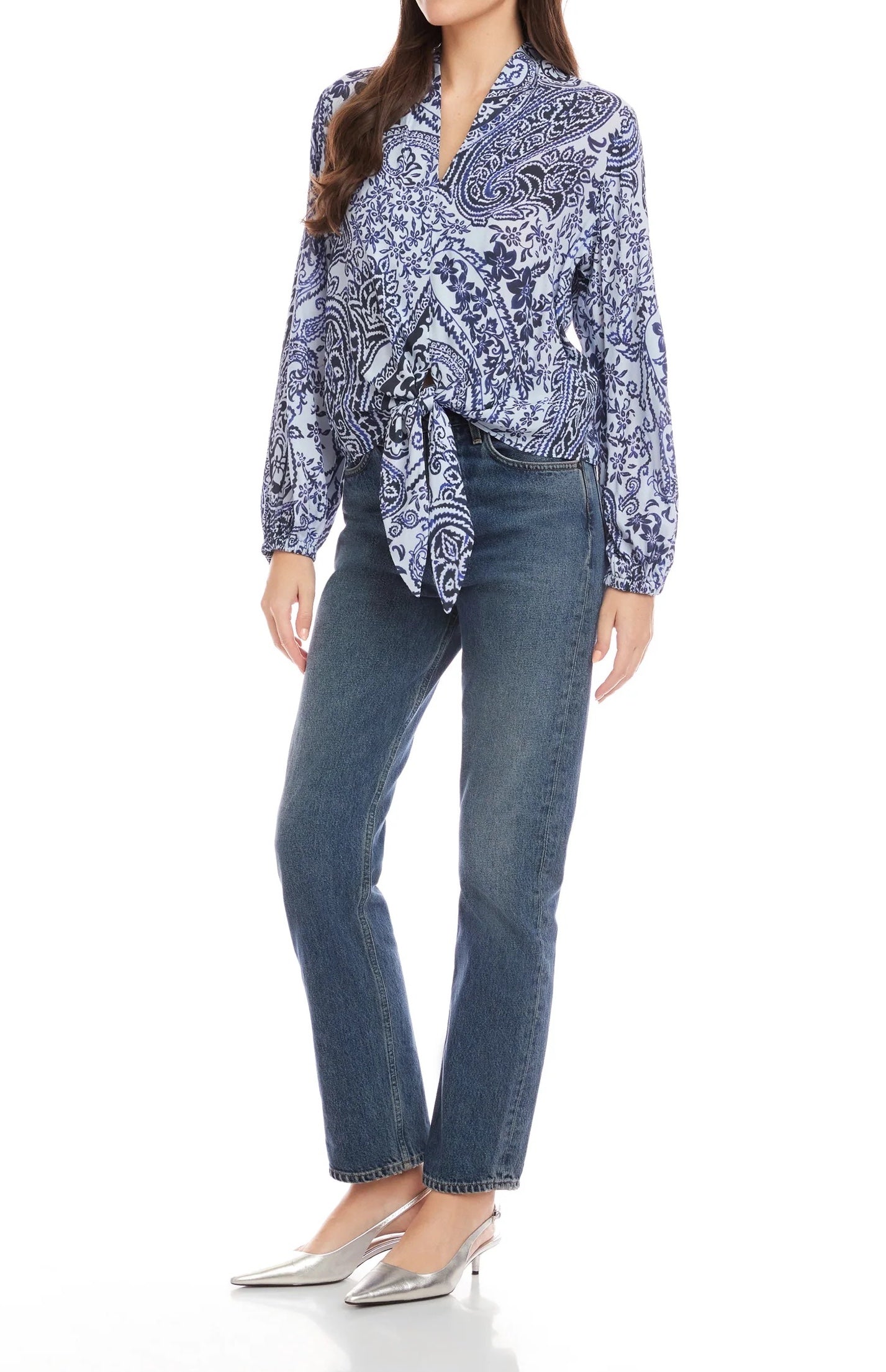 LIGHT & DARK BLUE PAISLEY PATCH CREPE PRINT SCARLET TIE-FRONT TOP