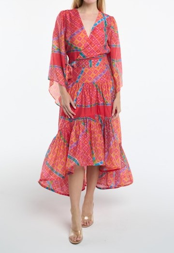 RED MULTI GEO PRINT HIGH-LOW MAXI AVA SKIRT