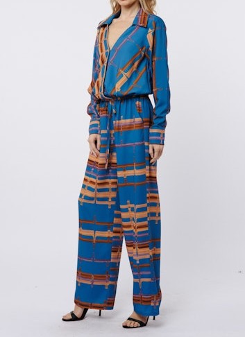 BLUE ABSTRACT STRIPE SURPLICE LONG SLEEVE BUBBLE STACIA TOP