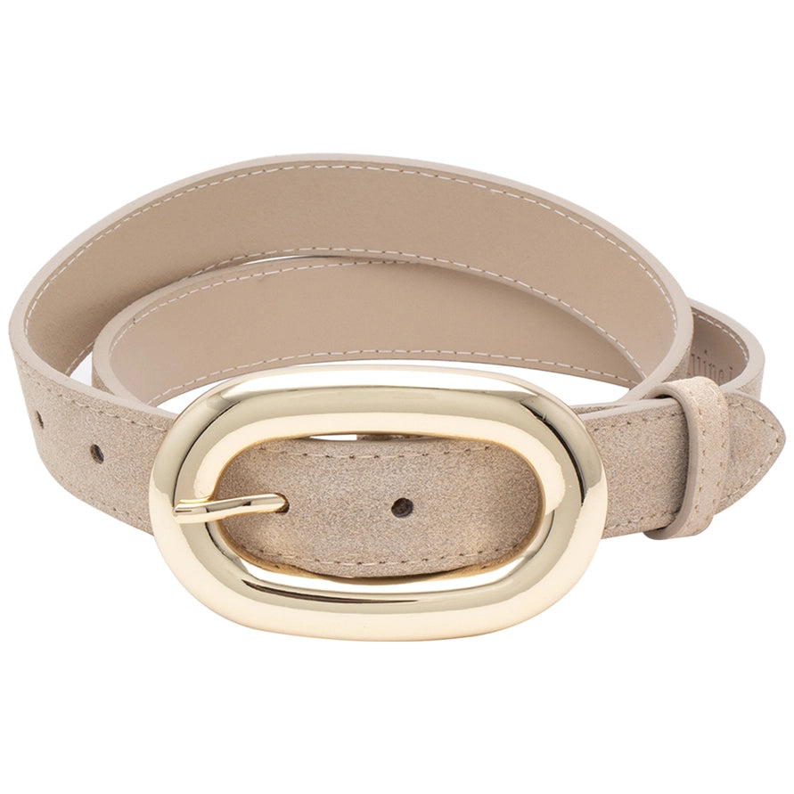 TAUPE FAUX SUEDE GOLD MODERN OVAL BUCKLE BELT