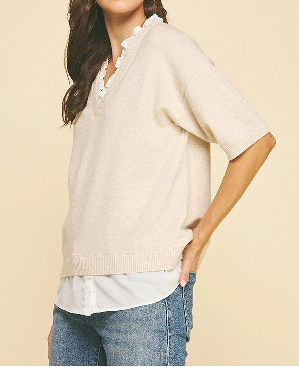 OATMEAL MIXED MEDIA LAYERED KNIT TOP