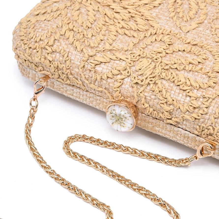 NATURAL FLORAL EMBROIDERED WOVEN CARTER EVENING BAG
