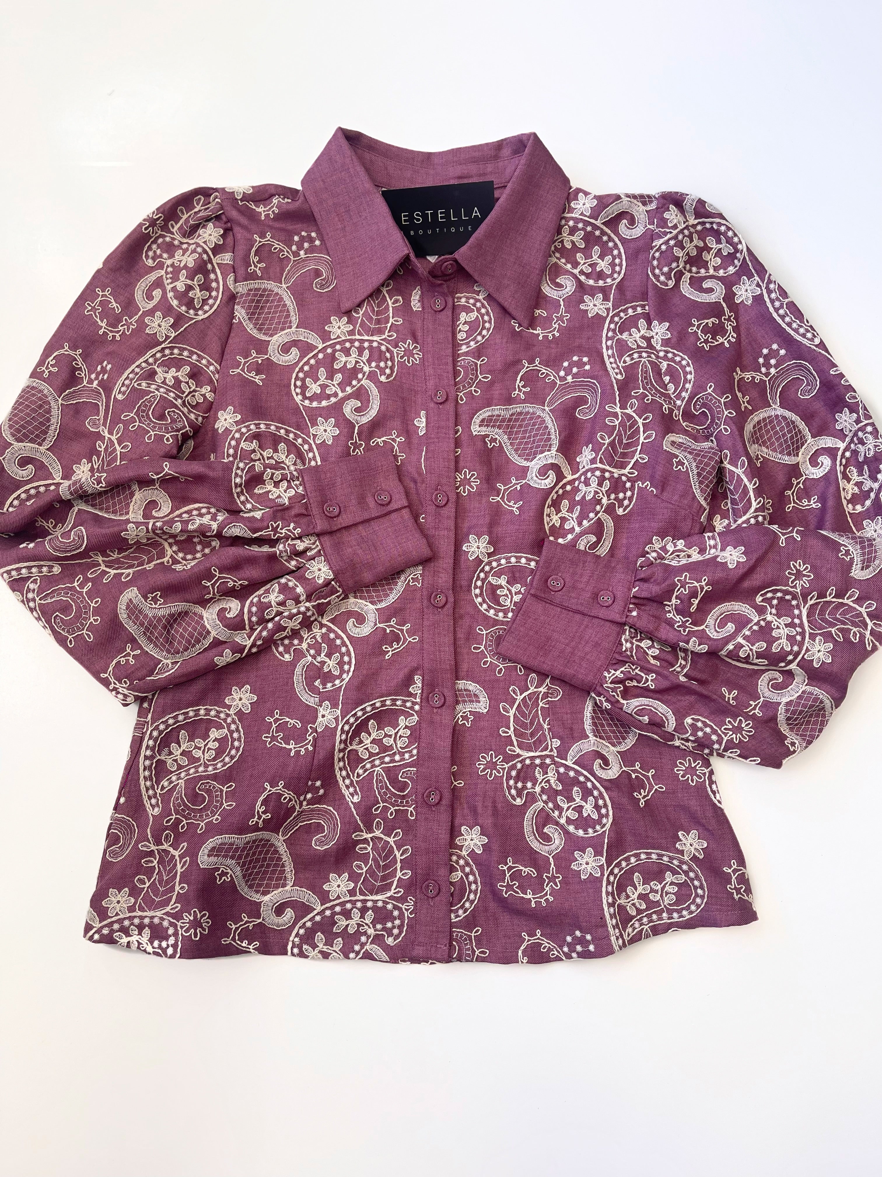 MAUVE/CREAM EMBROIDERED COLLARED BUTTON UP LONG SLEEVE TOP