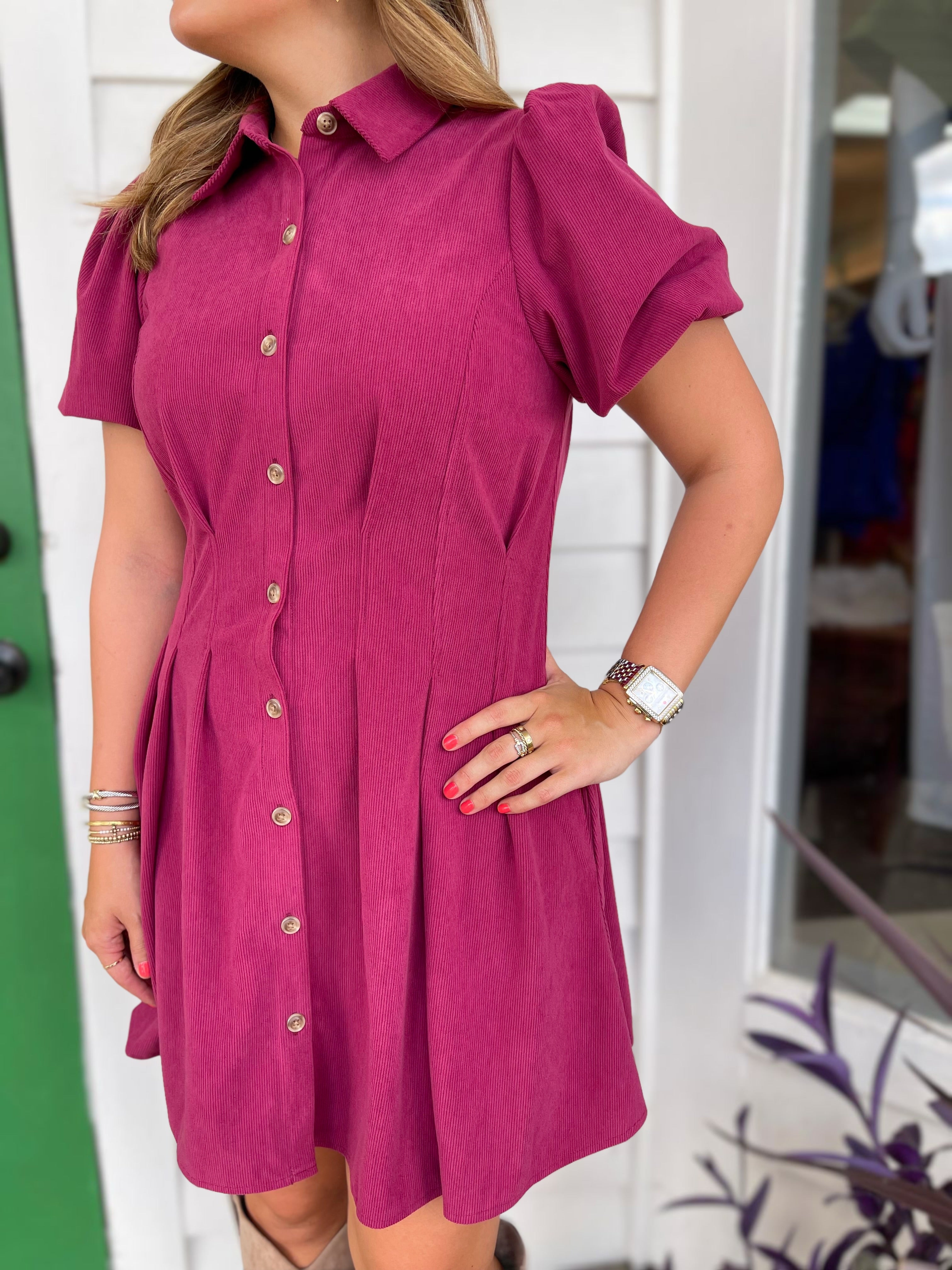 RED PLUM CORDUROY BUTTON UP PLEATED WAIST RORY MINI DRESS