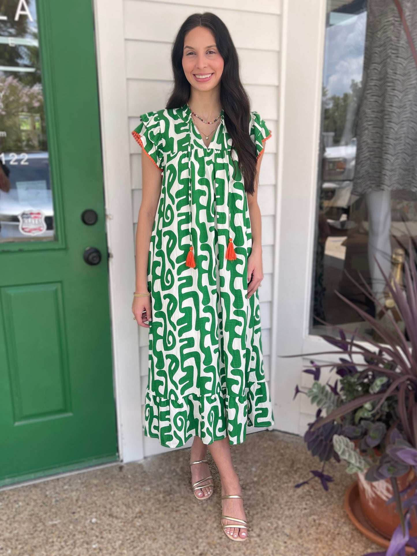 GREEN PRINTED TASSEL TIE FLUTTER SLEEVE MAXI DRESS