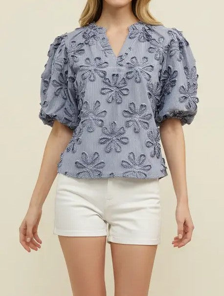 BLUE STRIPE FLORAL EMBROIDERY BALLOON SLEEVE TOP