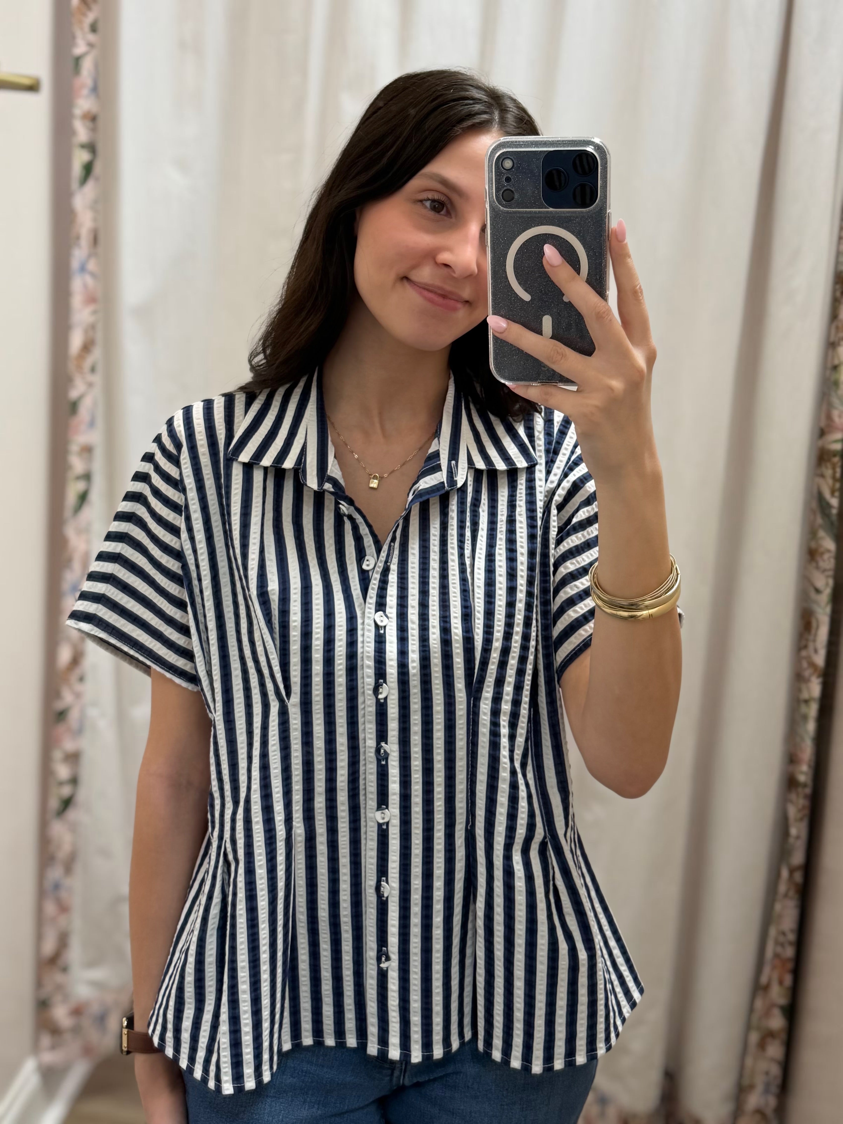 BLUE STRIPE SEERSUCKER PRINT BUTTON UP SHORT SLEEVE TOP