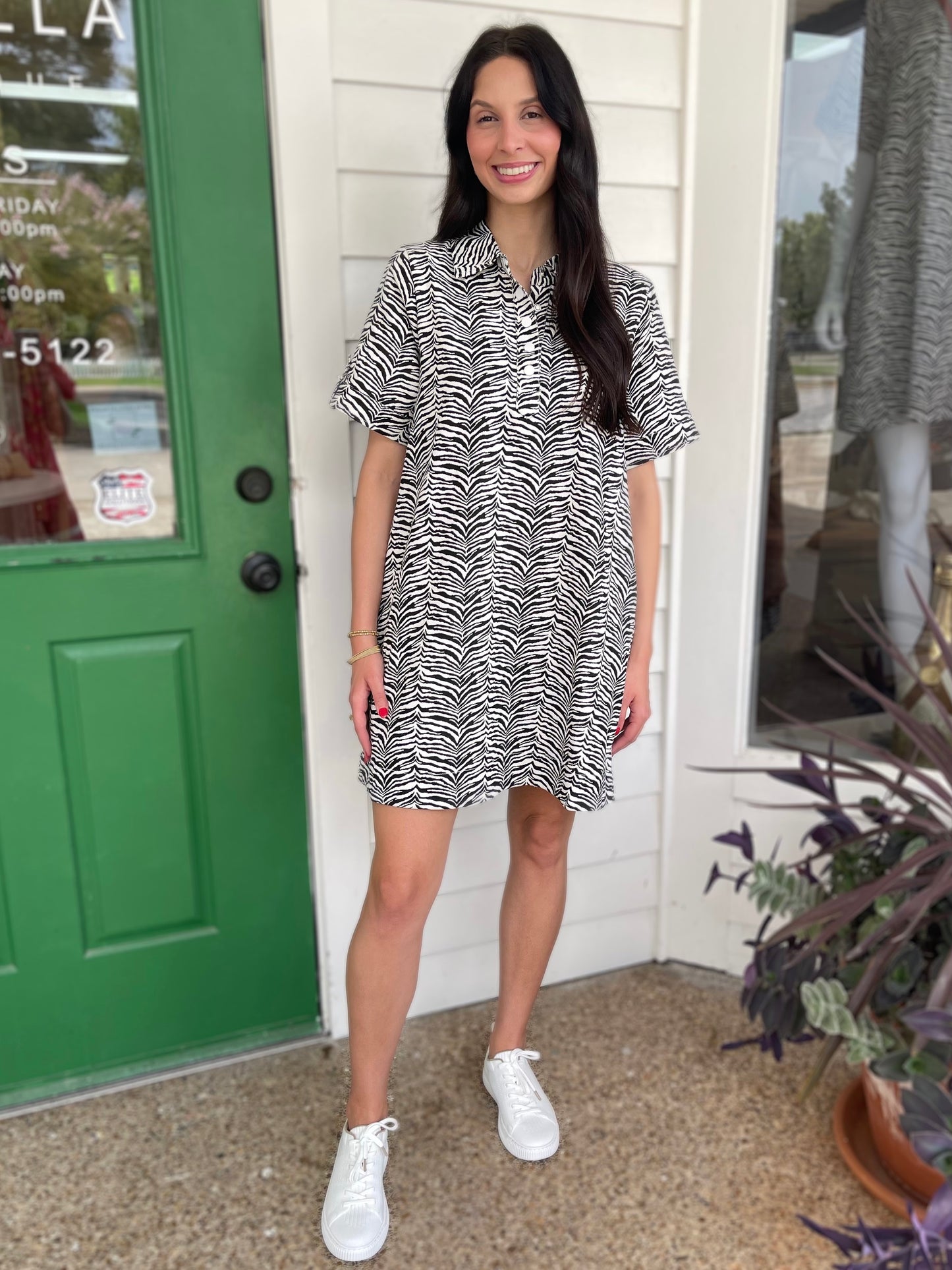 BLACK ZEBRA PRINT COLLARED MINI DRESS