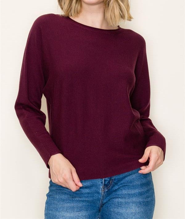 DARK PLUM LONG DOLMAN SLEEVE SWEATER