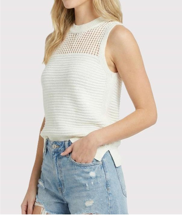 OFF WHITE FISH NET DETAIL & POINTELLE SWEATER KNIT SLEEVELESS TANK TOP