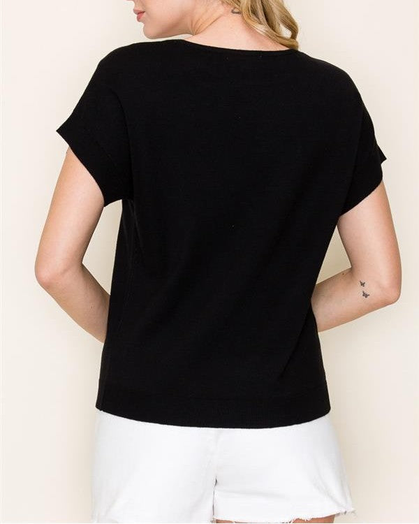 BLACK WIDE CREW NECK SHORT SLEEVE SWEATER