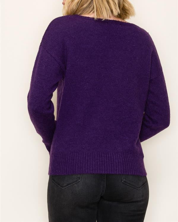 DARK PURPLE BOAT NECK LONG SLEEVE PULLOVER SWEATER