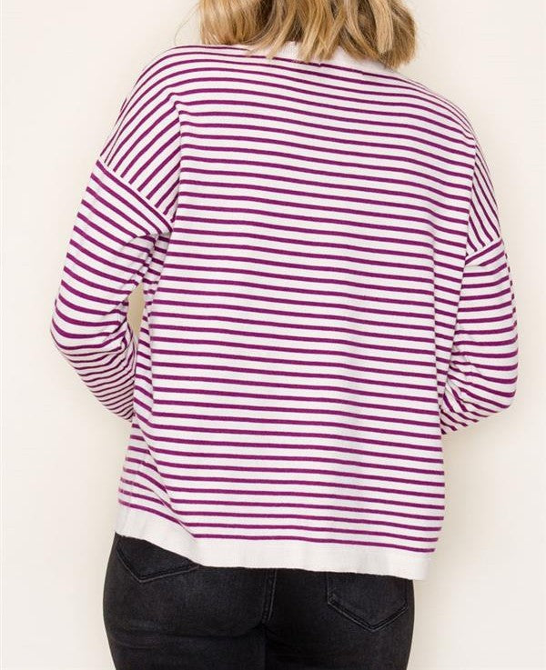MAGENTA STRIPED LONG SLEEVE PULLOVER SWEATER