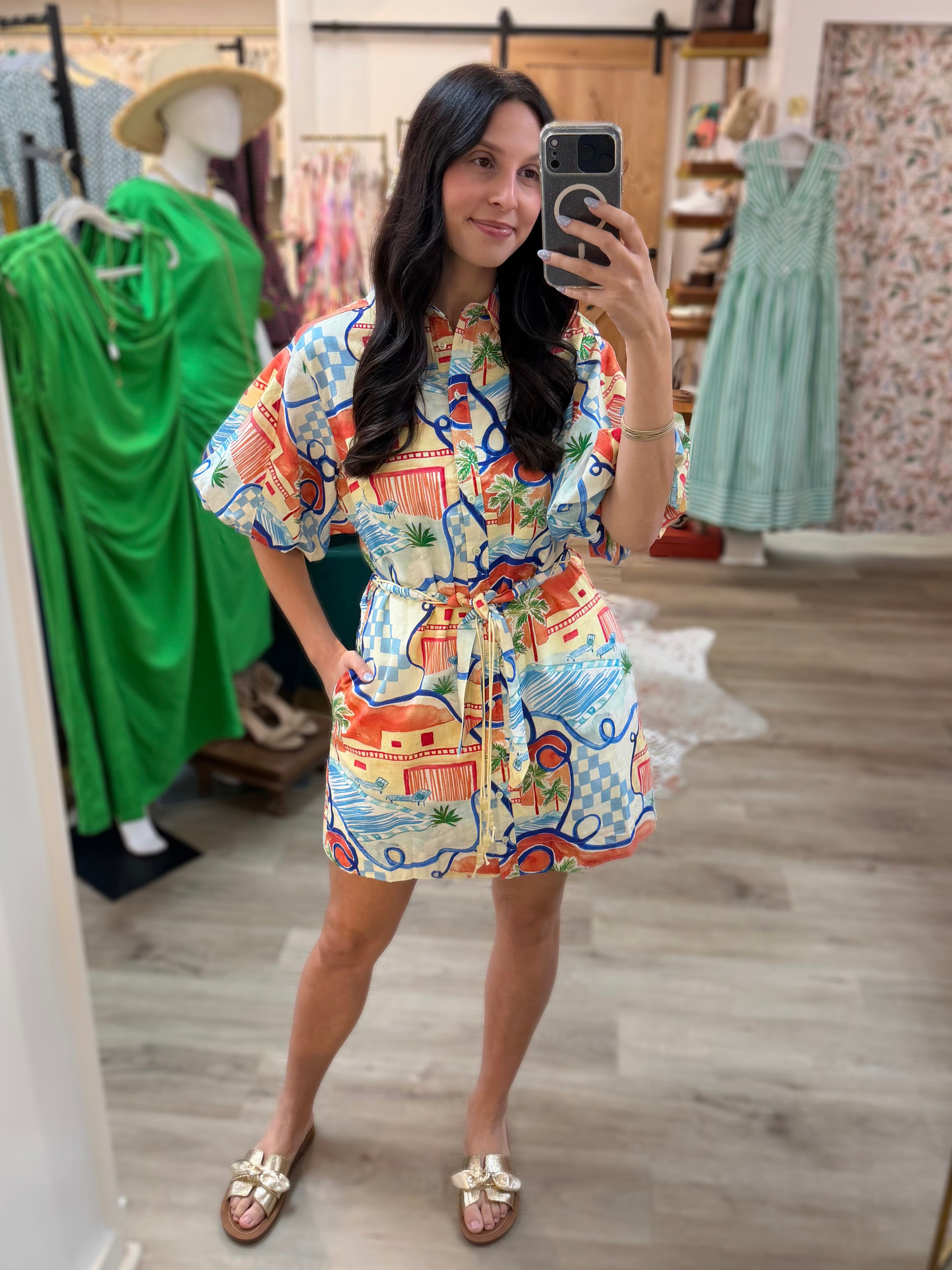 BLUE MULTI VACATION PRINT SHORT PUFF SLEEVE BUTTON UP MINI DRESS