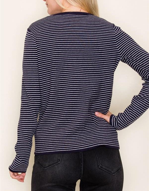 DARK NAVY PINSTRIPE LONG SLEEVE PULLOVER SWEATER