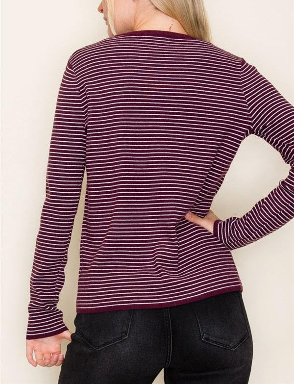 DARK PLUM PINSTRIPE LONG SLEEVE PULLOVER SWEATER