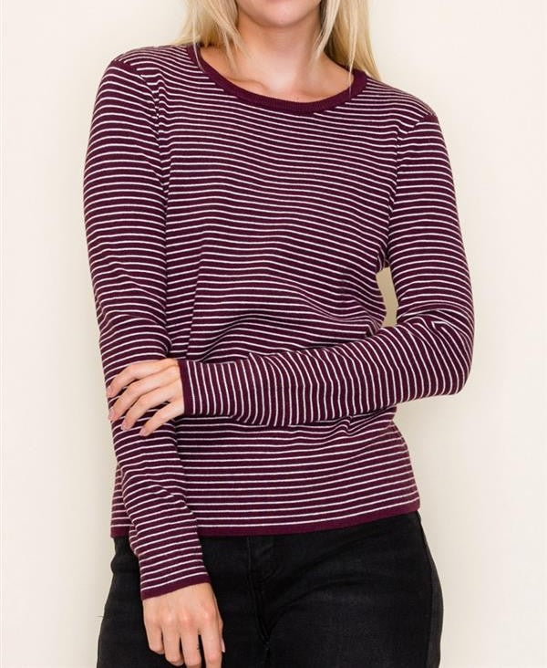 DARK PLUM PINSTRIPE LONG SLEEVE PULLOVER SWEATER