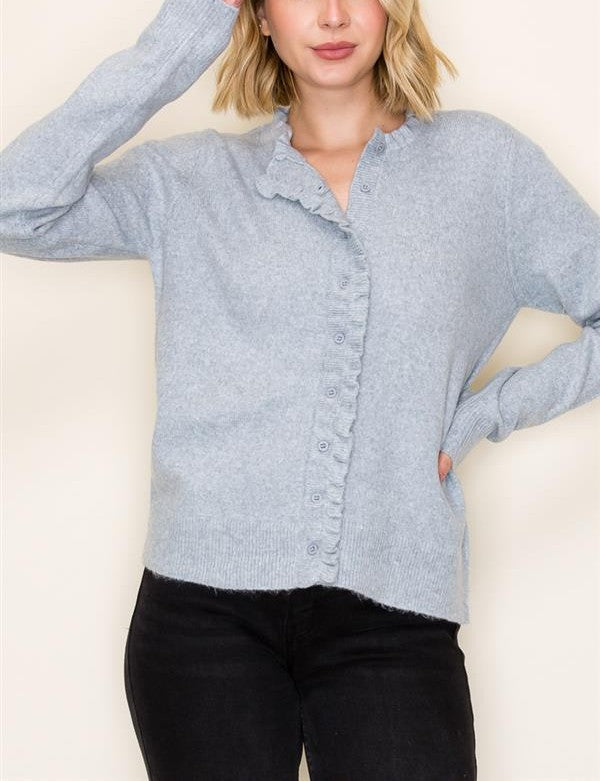 HEATHER GREY RUFFLE DETAIL BUTTON UP CARDIGAN SWEATER