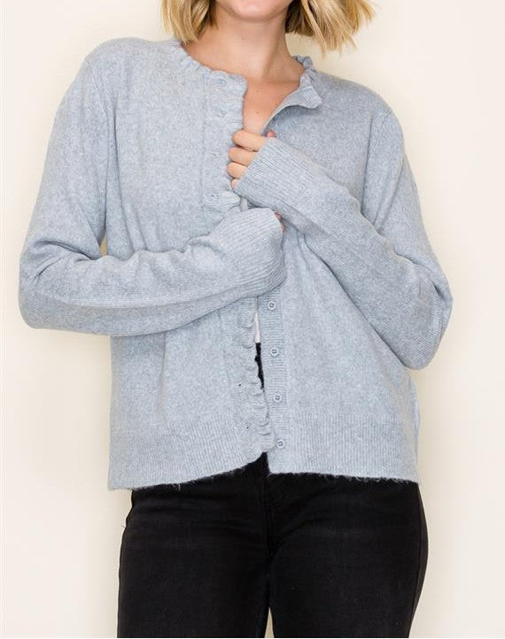 HEATHER GREY RUFFLE DETAIL BUTTON UP CARDIGAN SWEATER
