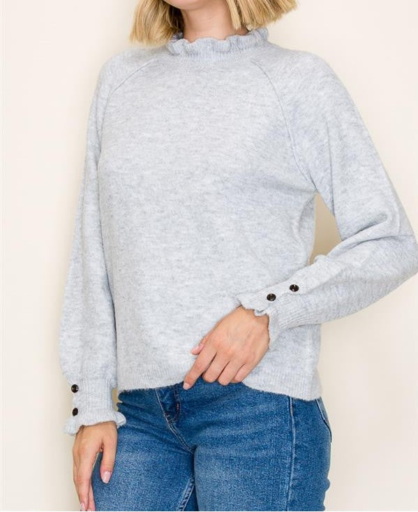HEATHER GREY RUFFLE NECK LONG SLEEVE SWEATER