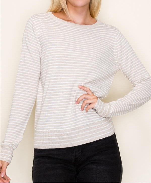 OATMEAL/WHITE STRIPED CREW NECK LONG SLEEVE PULLOVER SWEATER