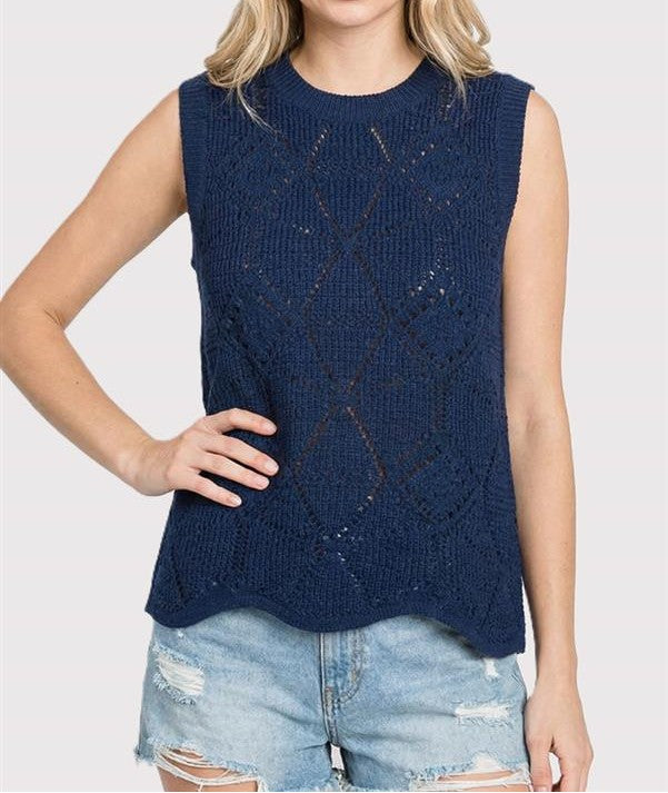 NAVY CROCHET KNIT WAVE HEM SLEEVELESS SWEATER TANK TOP