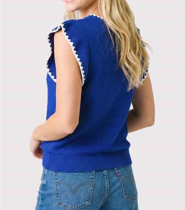 ROYAL BLANKET STITCH DETAIL SHORT RUFFLE SLEEVE SWEATER TOP