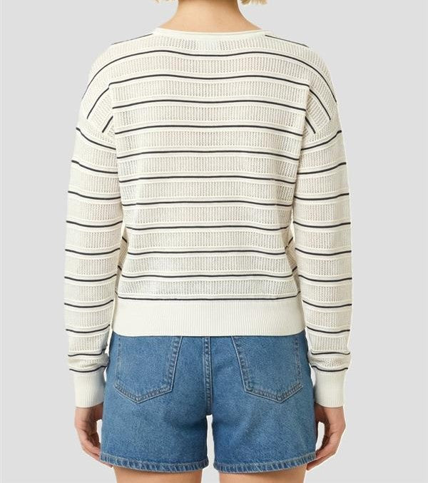 WHITE/NAVY OPEN WEAVE POINTELLE STRIPED LONG SLEEVE SWEATER
