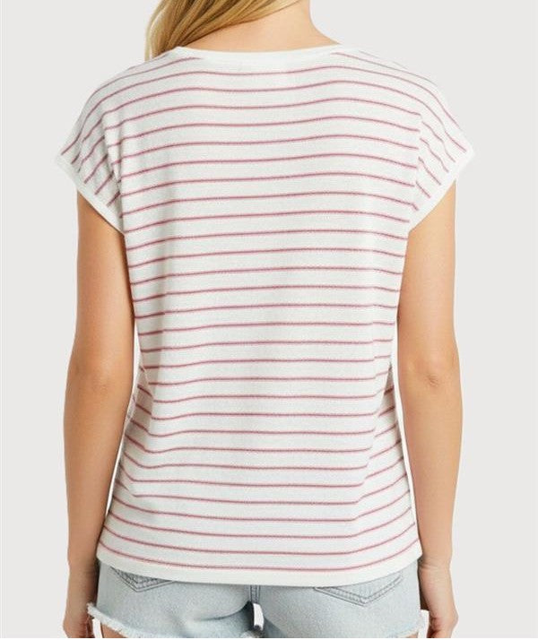 IVORY/PINK STRIPED VNECK SHORT SLEEVE SWEATER TOP