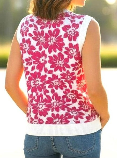 MAGENTA/WHITE FLORAL PRINT SLEEVELESS SWEATER TOP