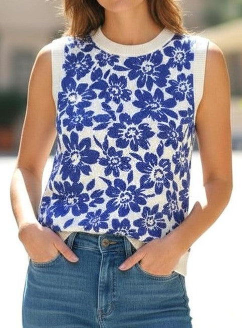 ROYAL BLUE/WHITE FLORAL PRINT SLEEVELESS SWEATER TOP