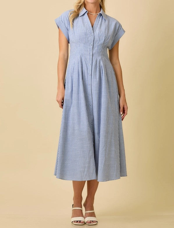 BLUE STRIPE BUTTON UP FRONT PLEATED SHIRT MIDI DRESS