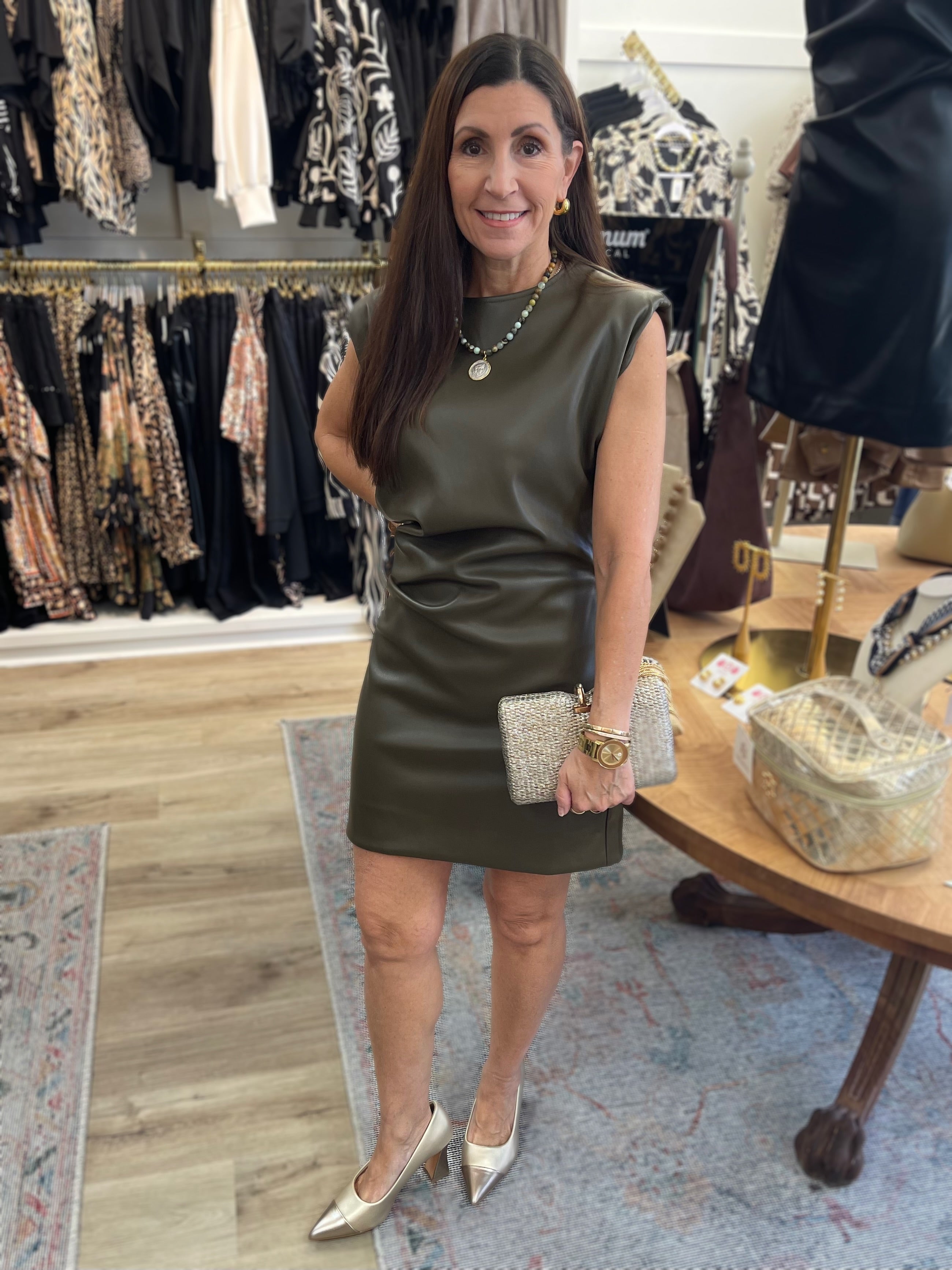 OLIVE VEGAN LEATHER PADDED SHOULDER EMILY MINI DRESS