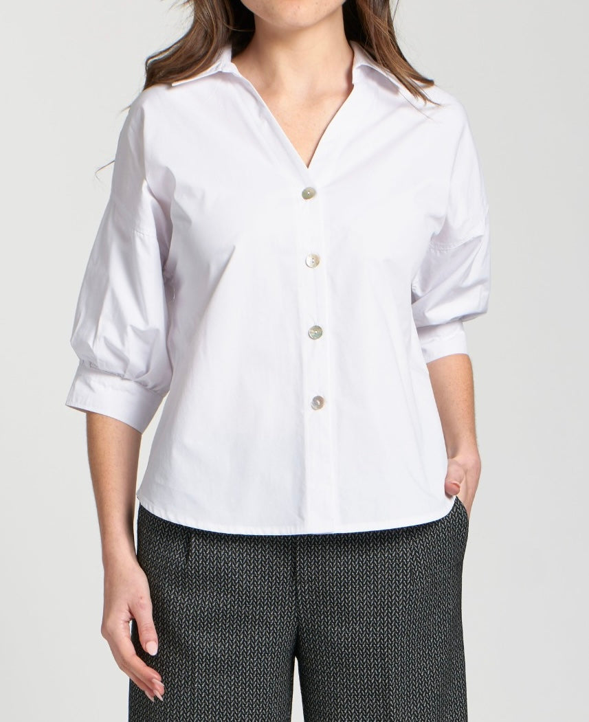 WHITE BUTTON UP BLOUSON SLEEVE TOP